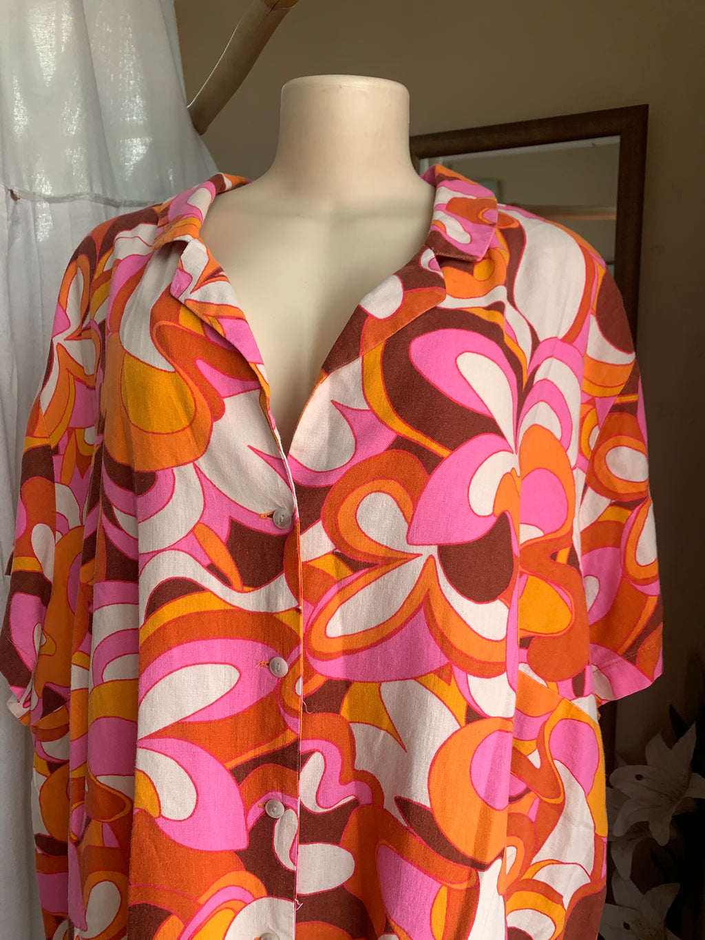 Retro print orange+pink organic button up blouse … (/xl) : 4x ,,,