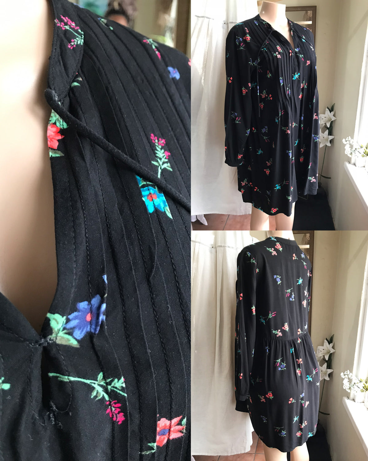 old navy rayon black floral tunic dress long sleeve . s to m