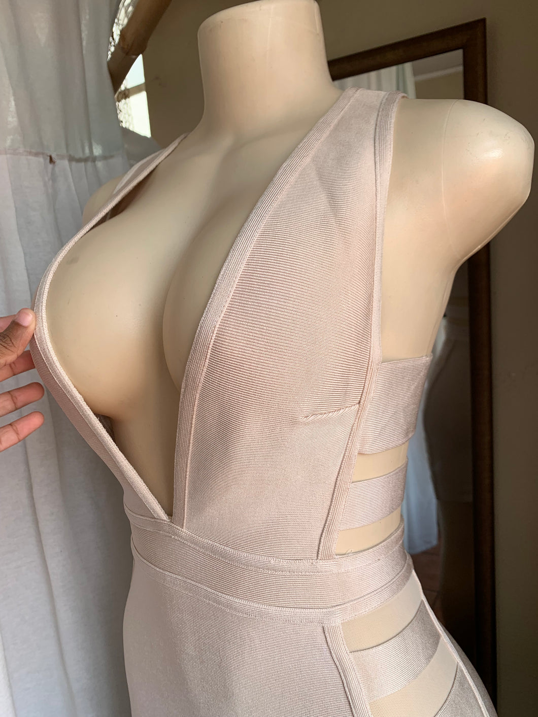 Beige deep V + cut out back bondage style midi dress says s