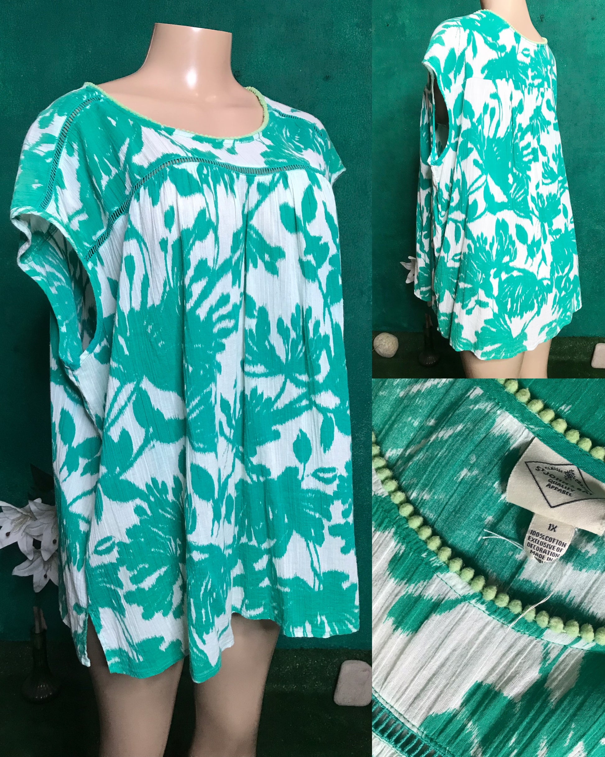 cotton green print crinkle blouse ... XL plus to 2X ,,,