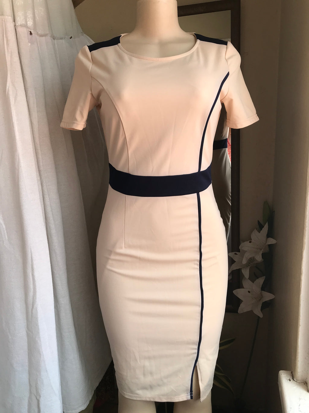 Pink professional midi dress with black accents M