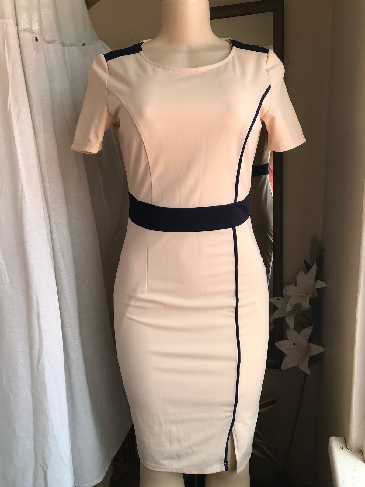 Pink professional midi dress with black accents M
