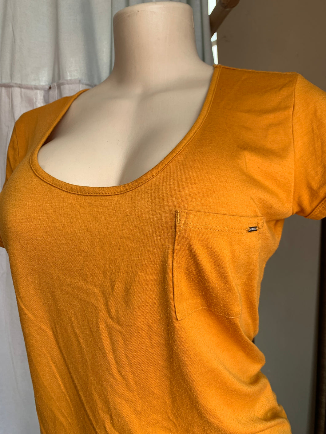 Mustard yellow slinky tee with cut outs on sleeves … L