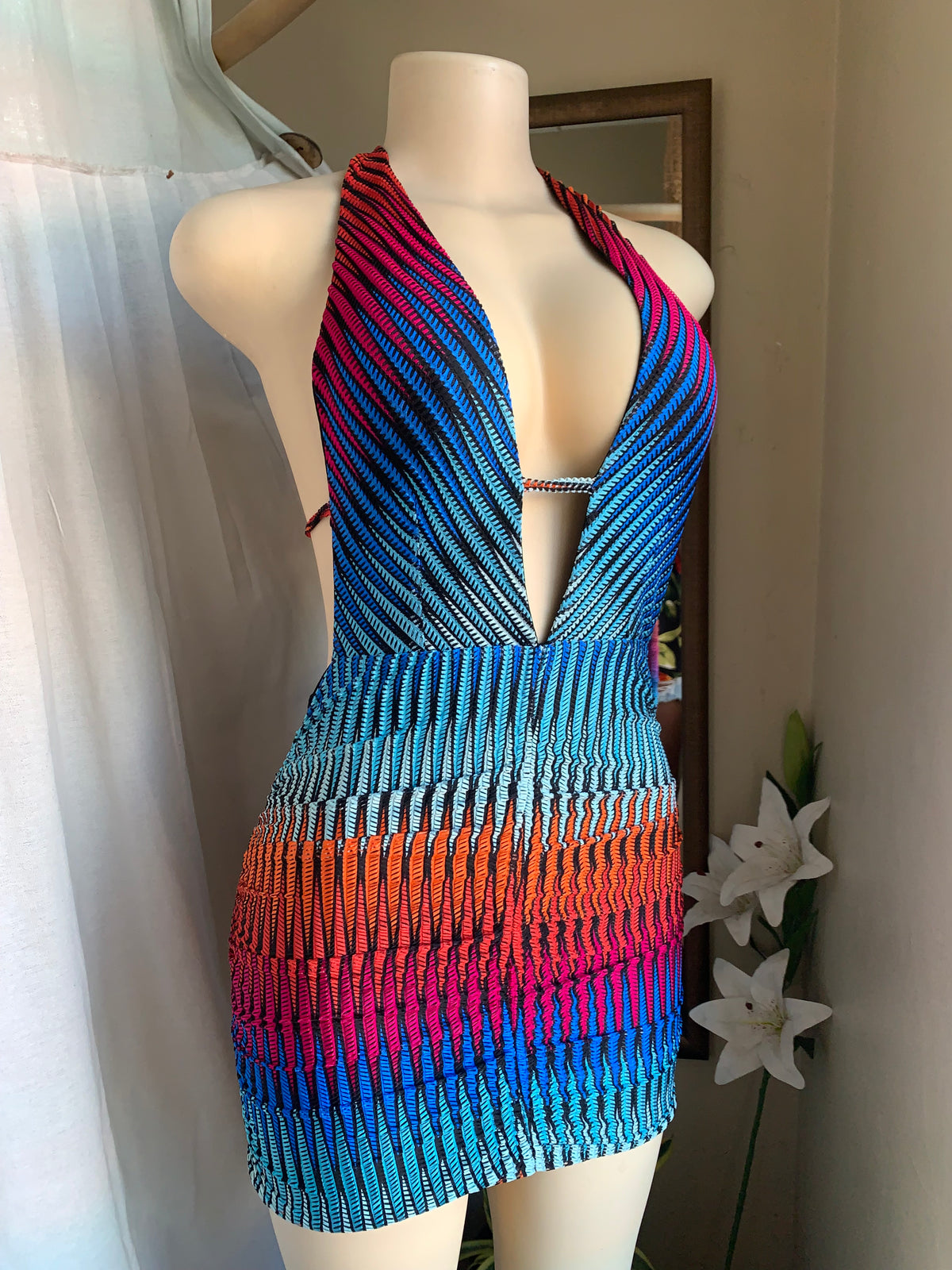 trippy rainbow stretchy mini halter dress backless . s/m