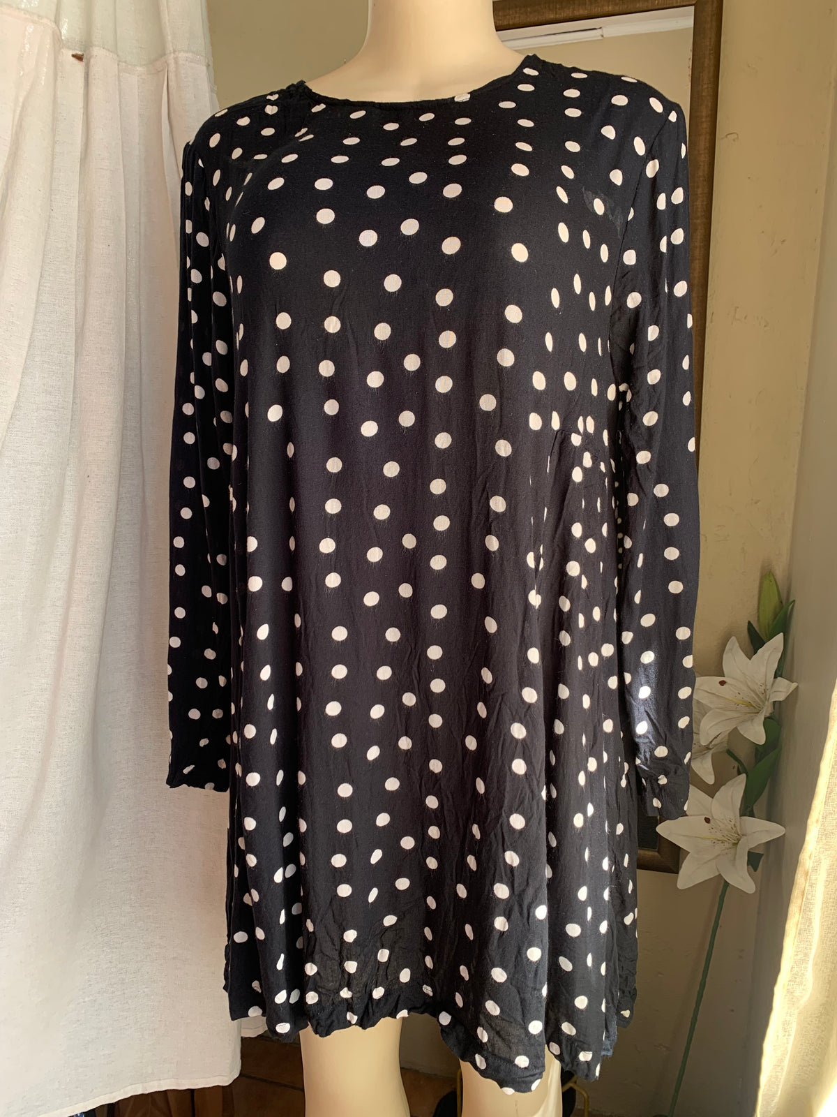 navy sheer polka long sleeve dress L
