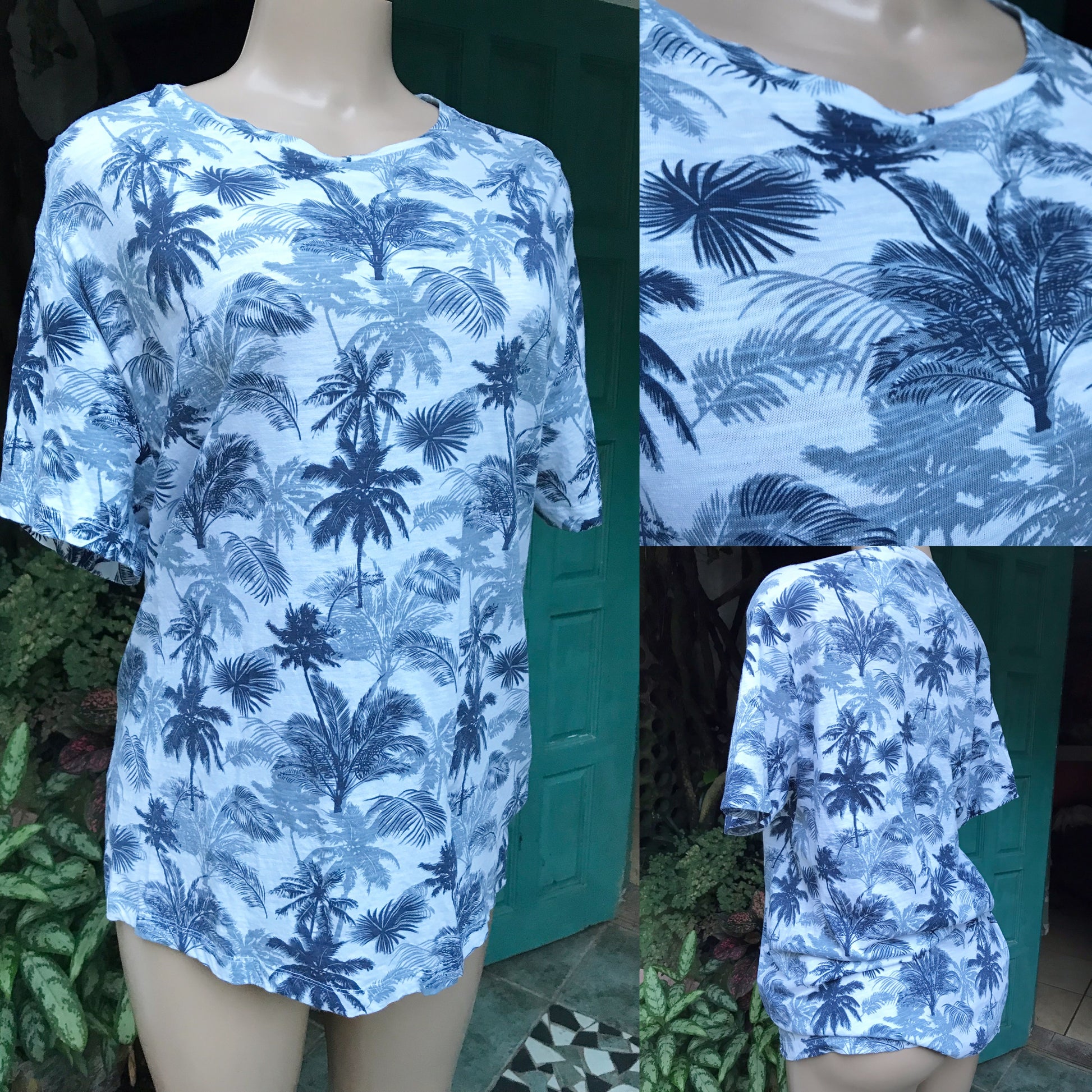 Mens tropical print tee palm blue