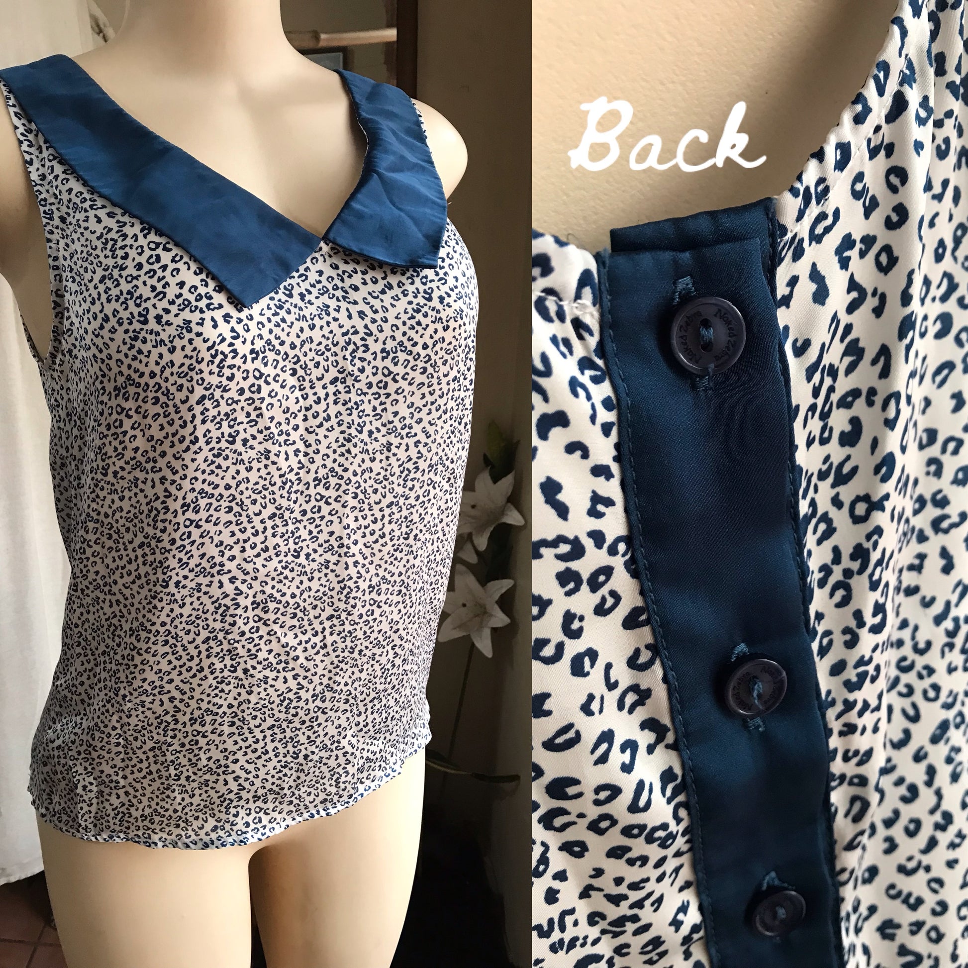 naked zebra cheetah professional sleeveless blouse collar navy silky ... m