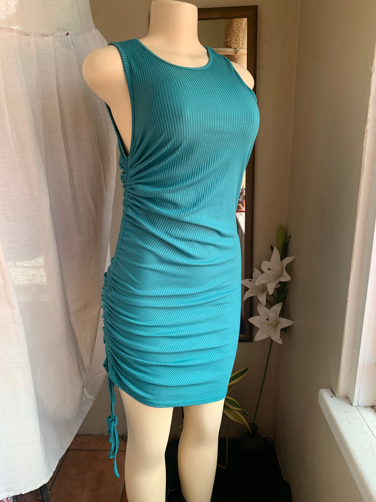 teal ruche bodycon sleeveless dress m