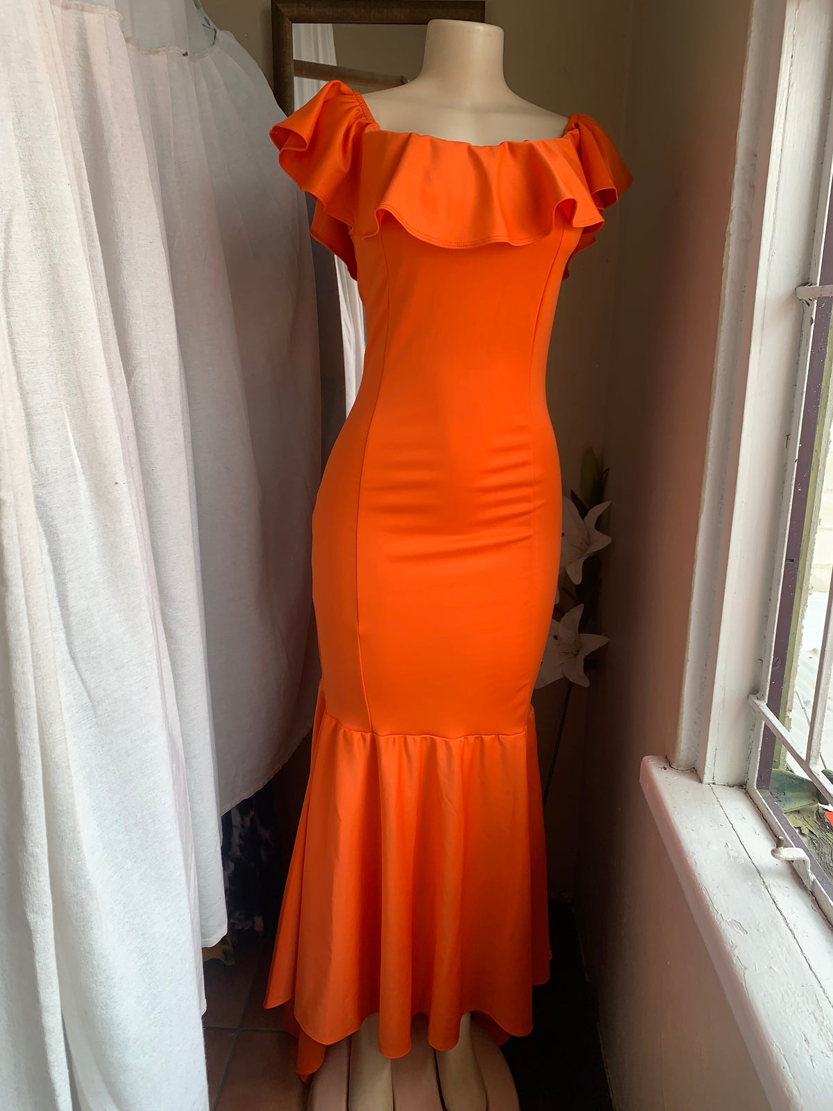 Orange off the shoulder gown (with imperfections that can be washed) M