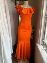 Load image into Gallery viewer, Orange off the shoulder gown (with imperfections that can be washed) M
