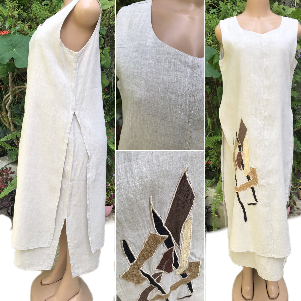 Vintage linen motif maxi layered dress L