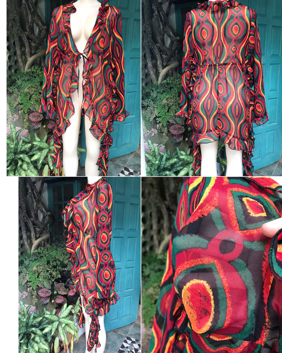 vintage red sheer swirl pattern robe frilly ... m to L