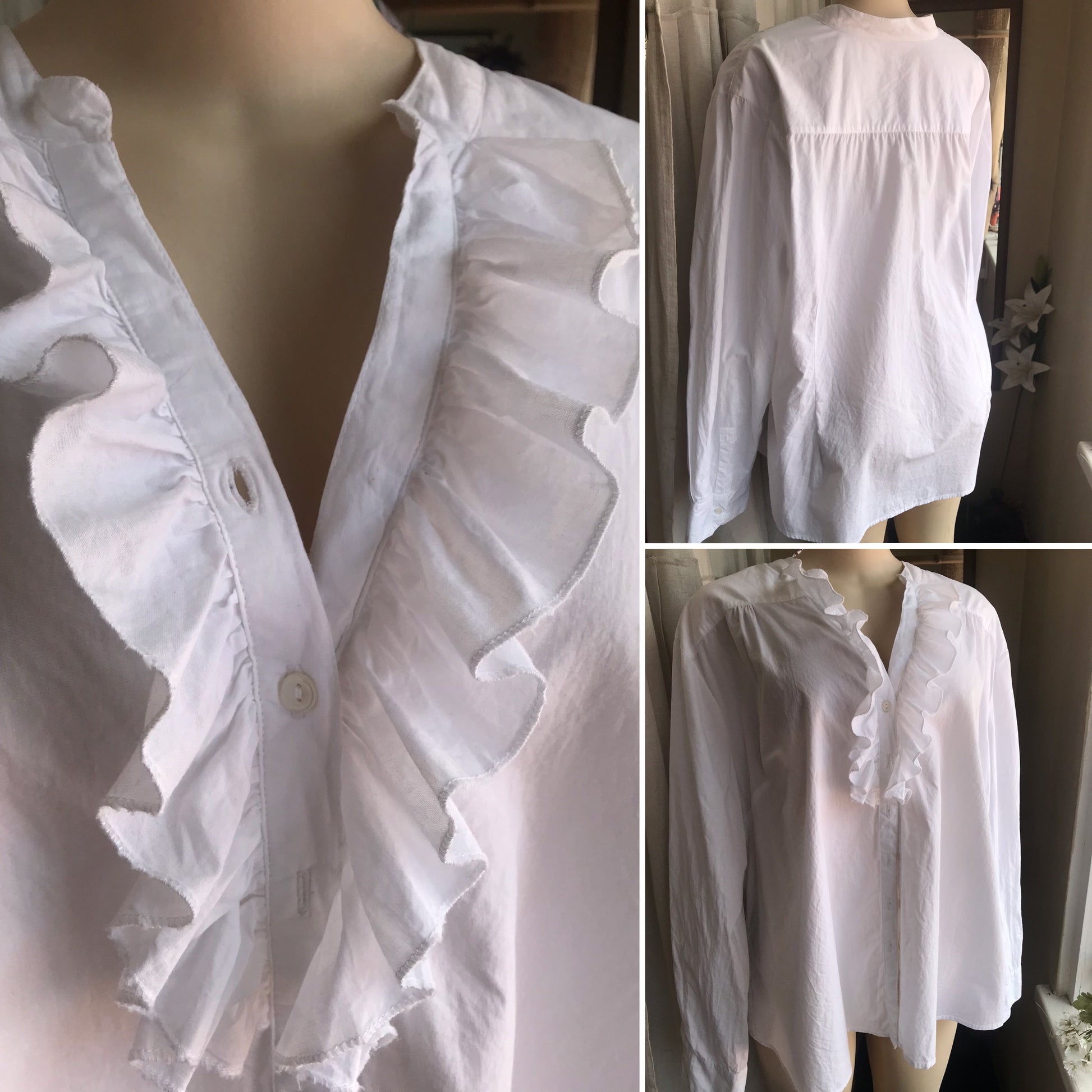 white vintage cotton ruffle neck button blouse long sleeve... /xl