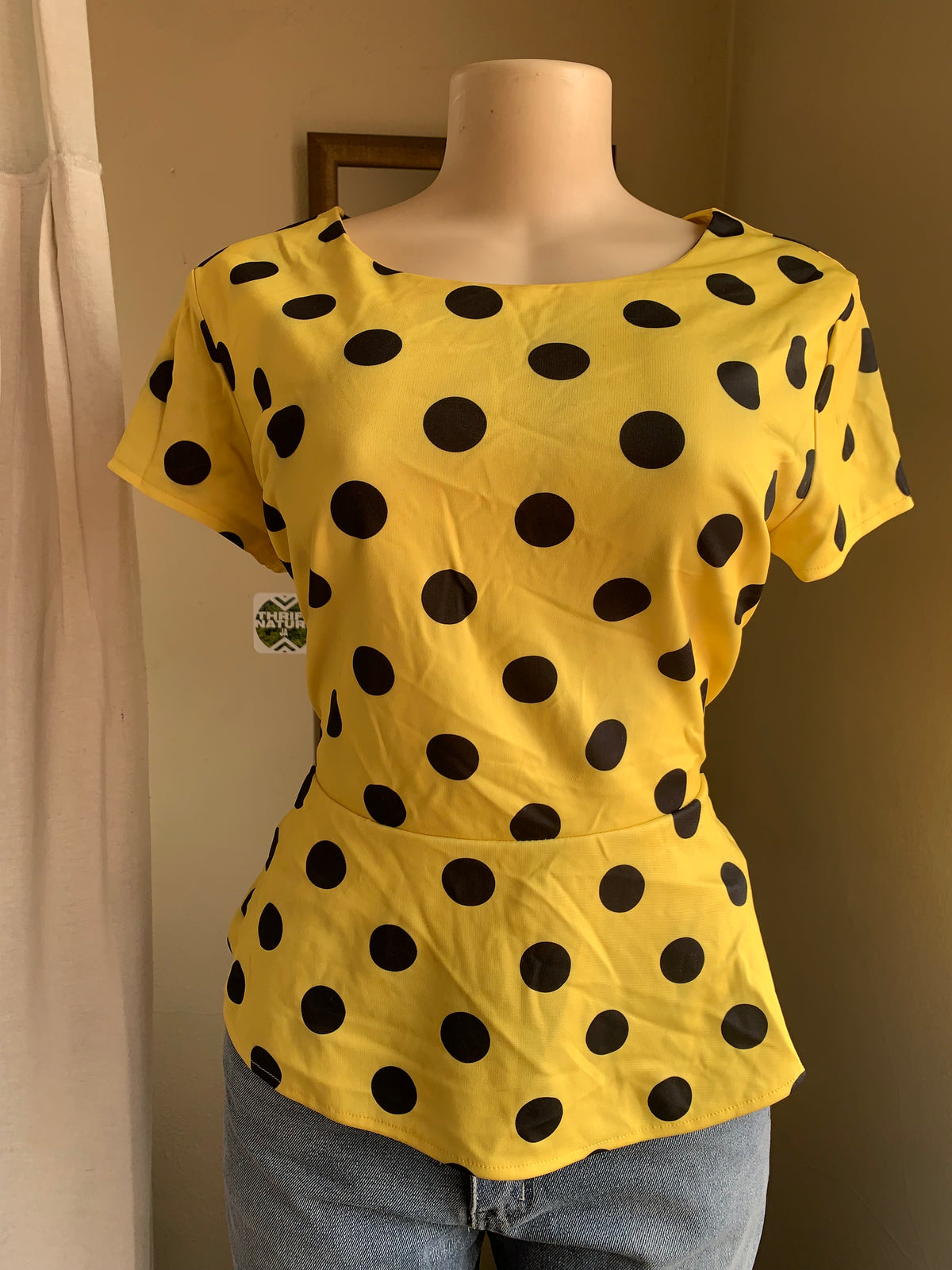 yellow black polka peplum blouse … /XL