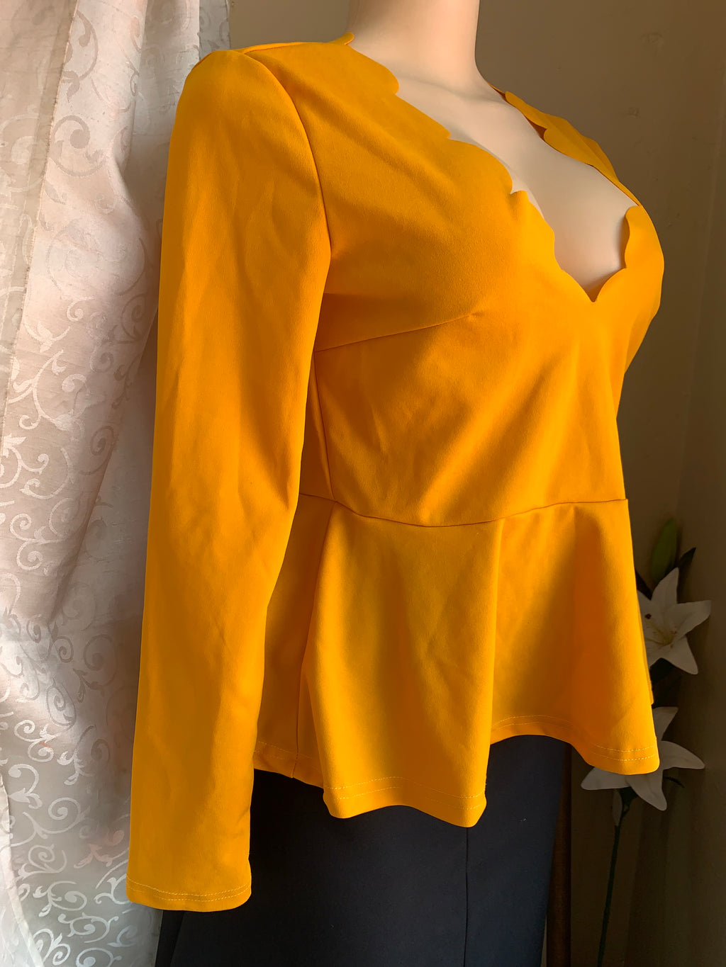 Mustard professional peplum blouse with rounded detail neckline… M