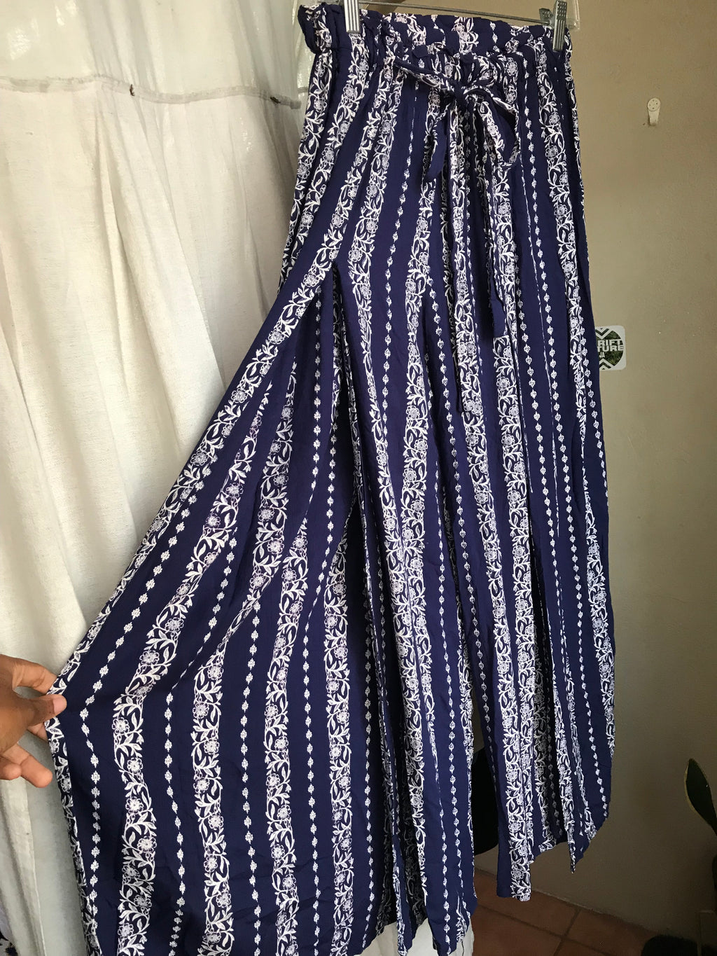 boho navy print loose pants with slit rayon ::: m