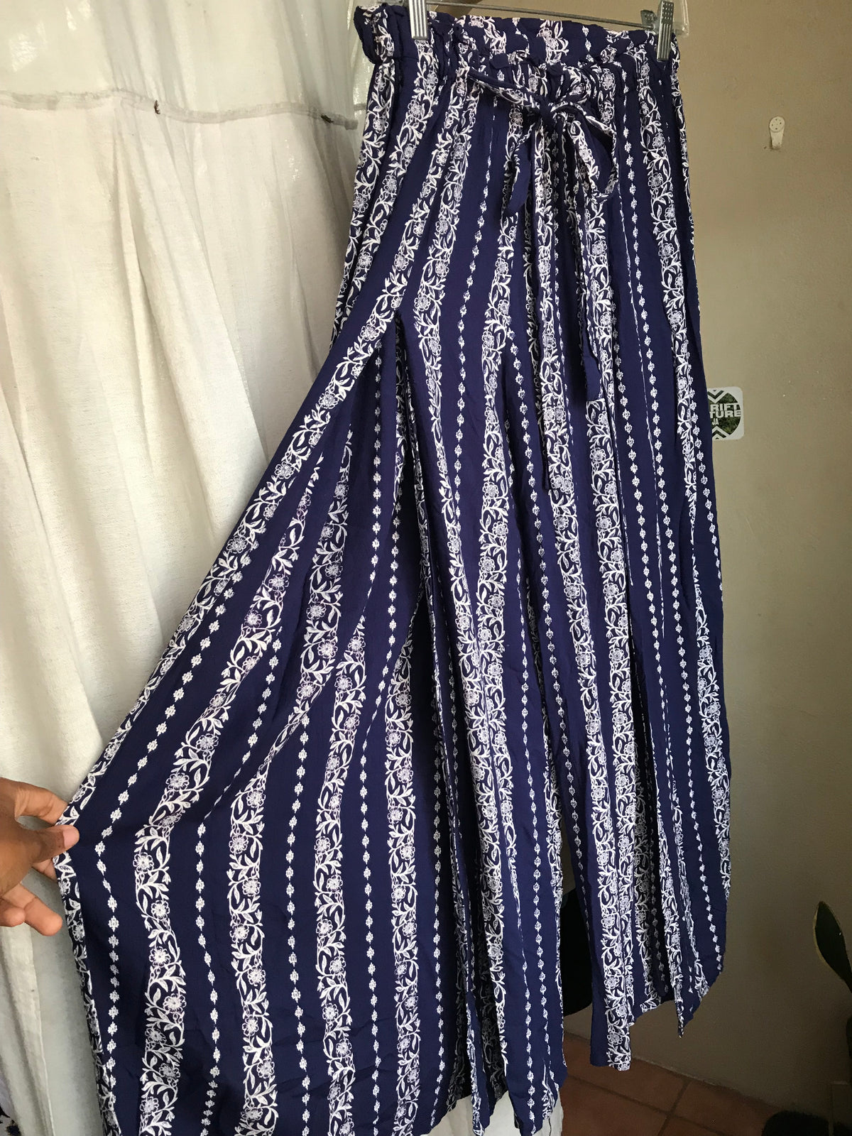 boho navy print loose pants with slit rayon ::: m