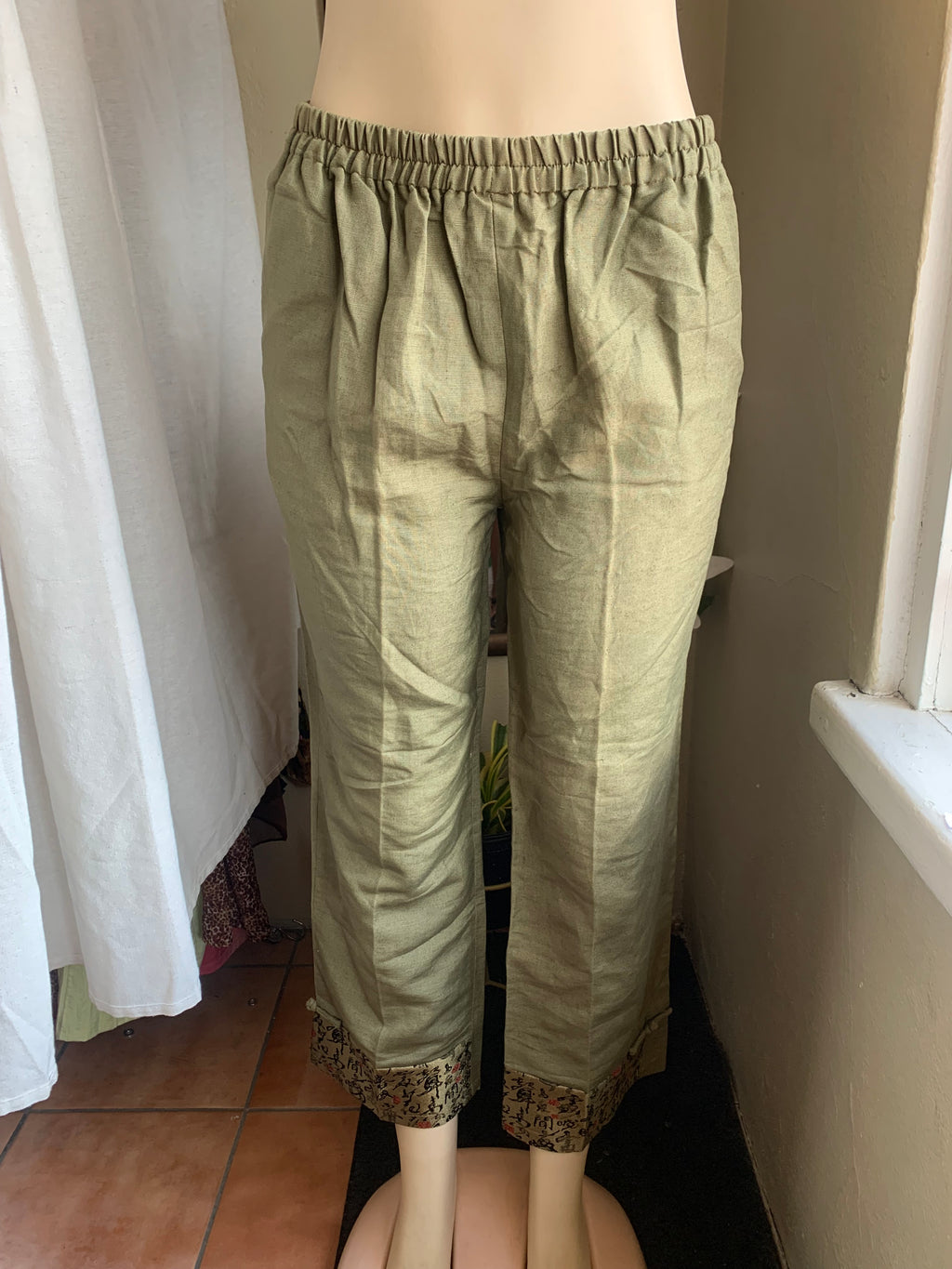 Cotton olive green straight leg pants oriental detail ankles ::: L,,,