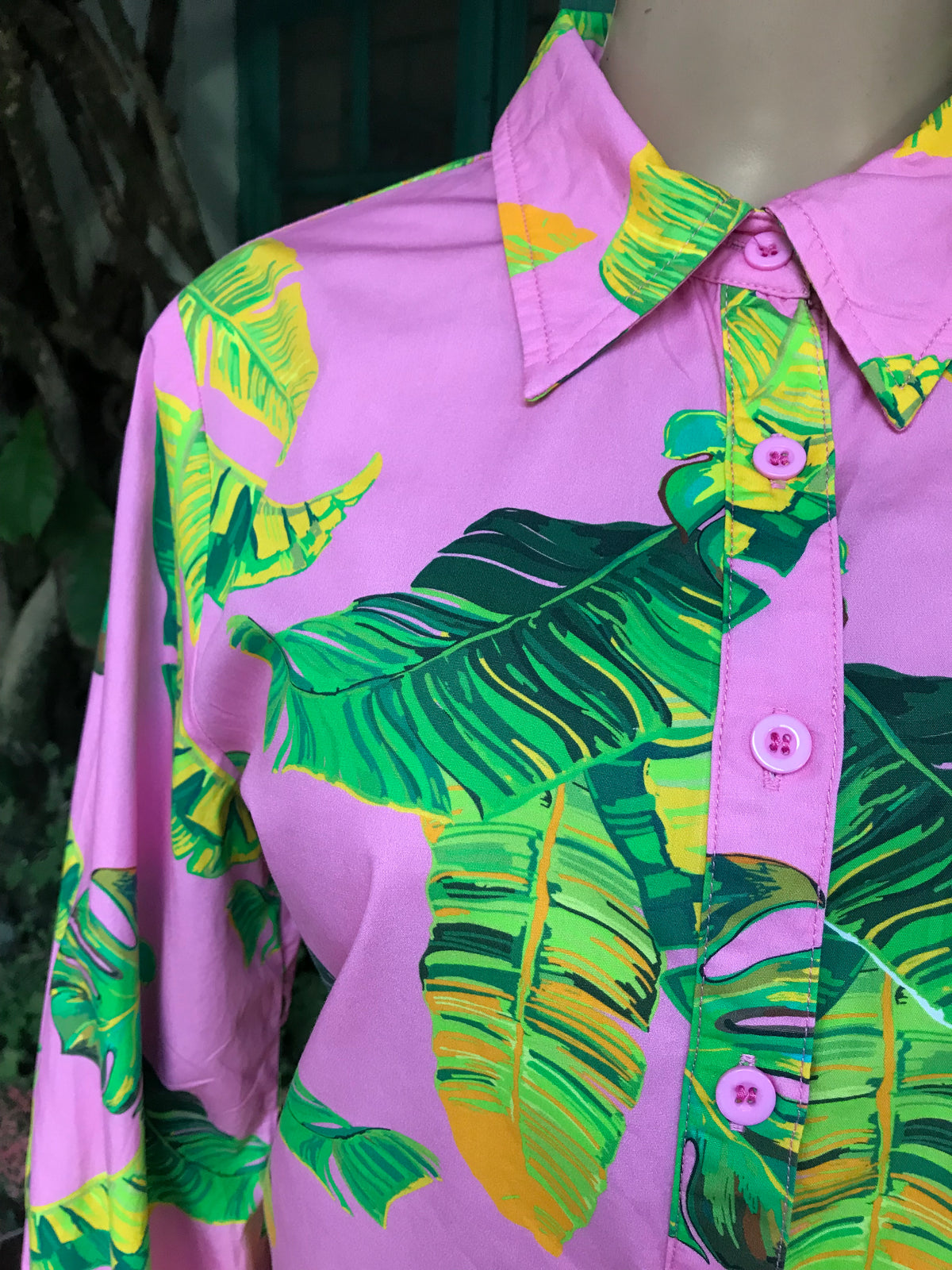 Pink palm button shirt cotton... m,,,