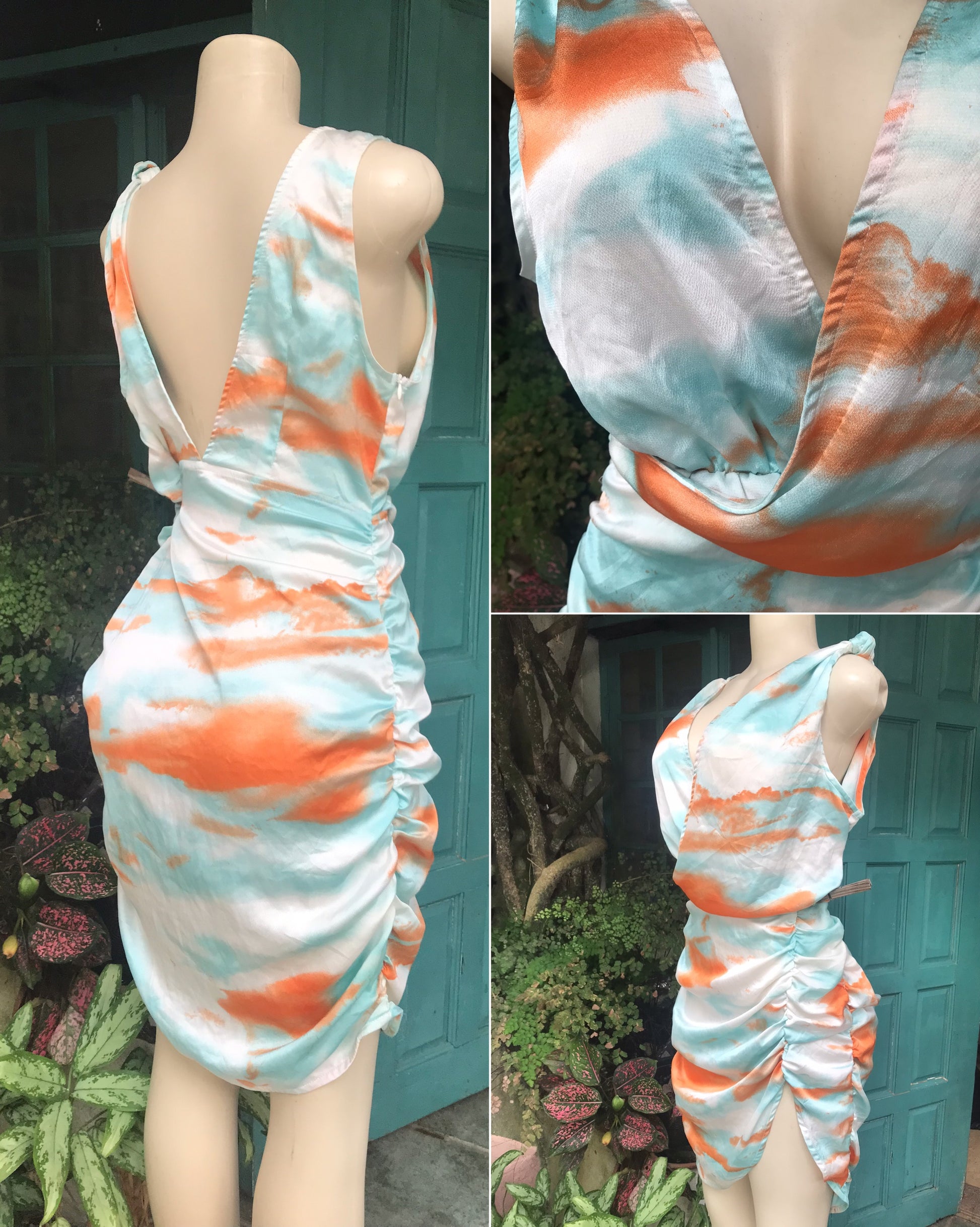 orange blue cloud silky v cut date night dress . Large