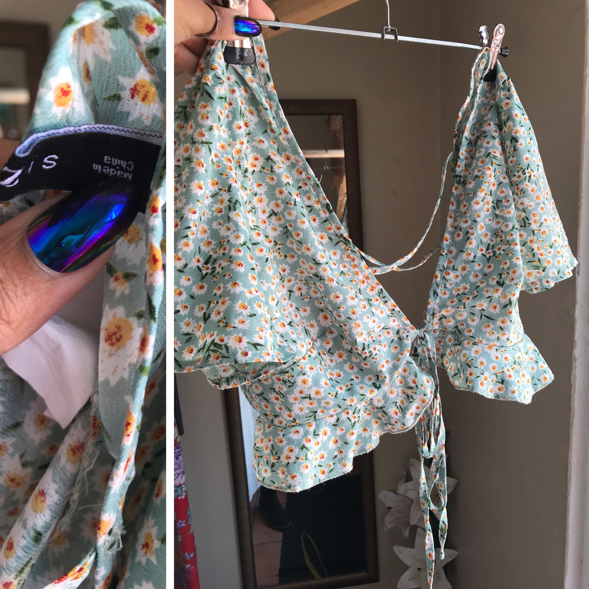 zaful front tie dusty green daisy floral plunge neck crop top... s