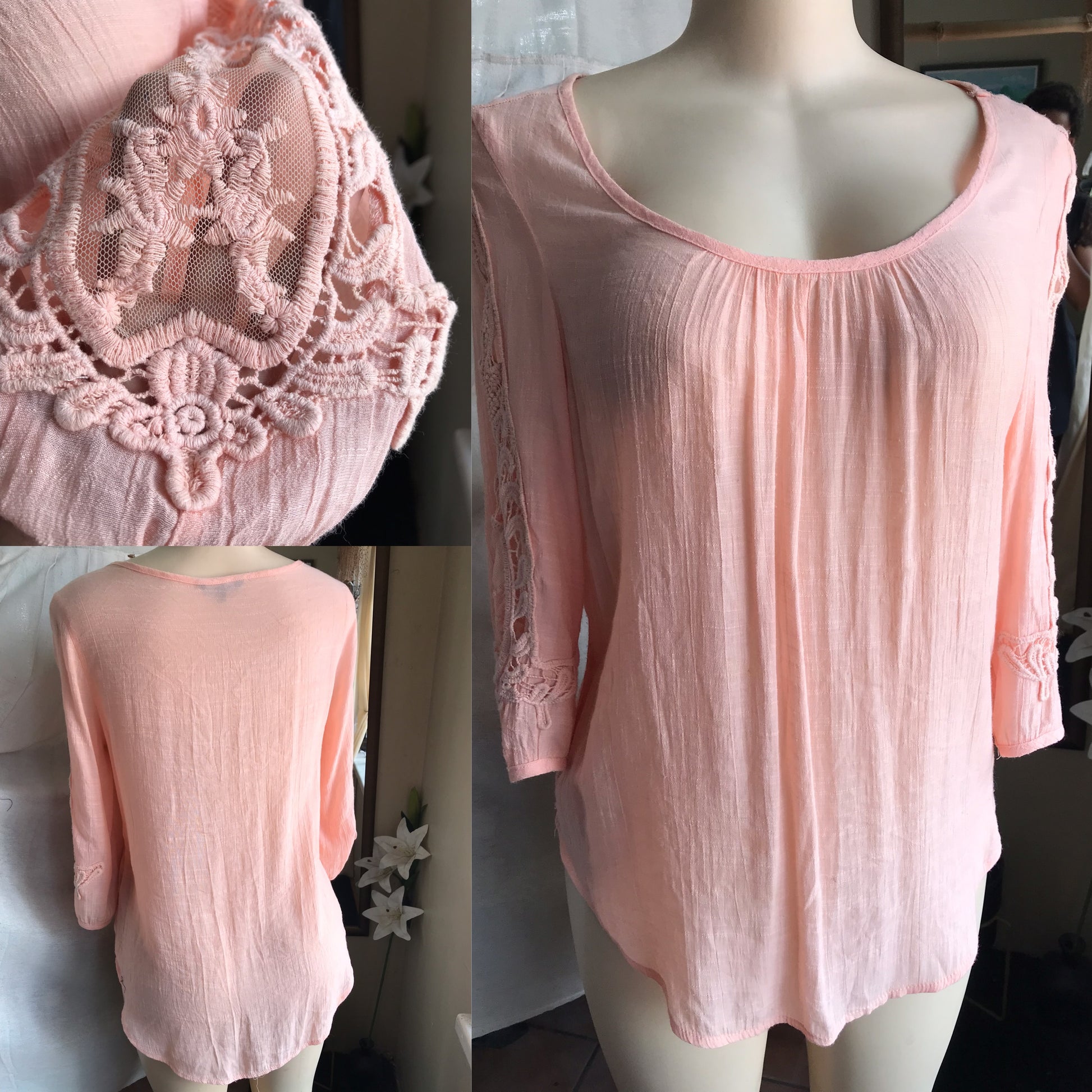 peach crinkle long sleeve blouse light crochet detail ... m