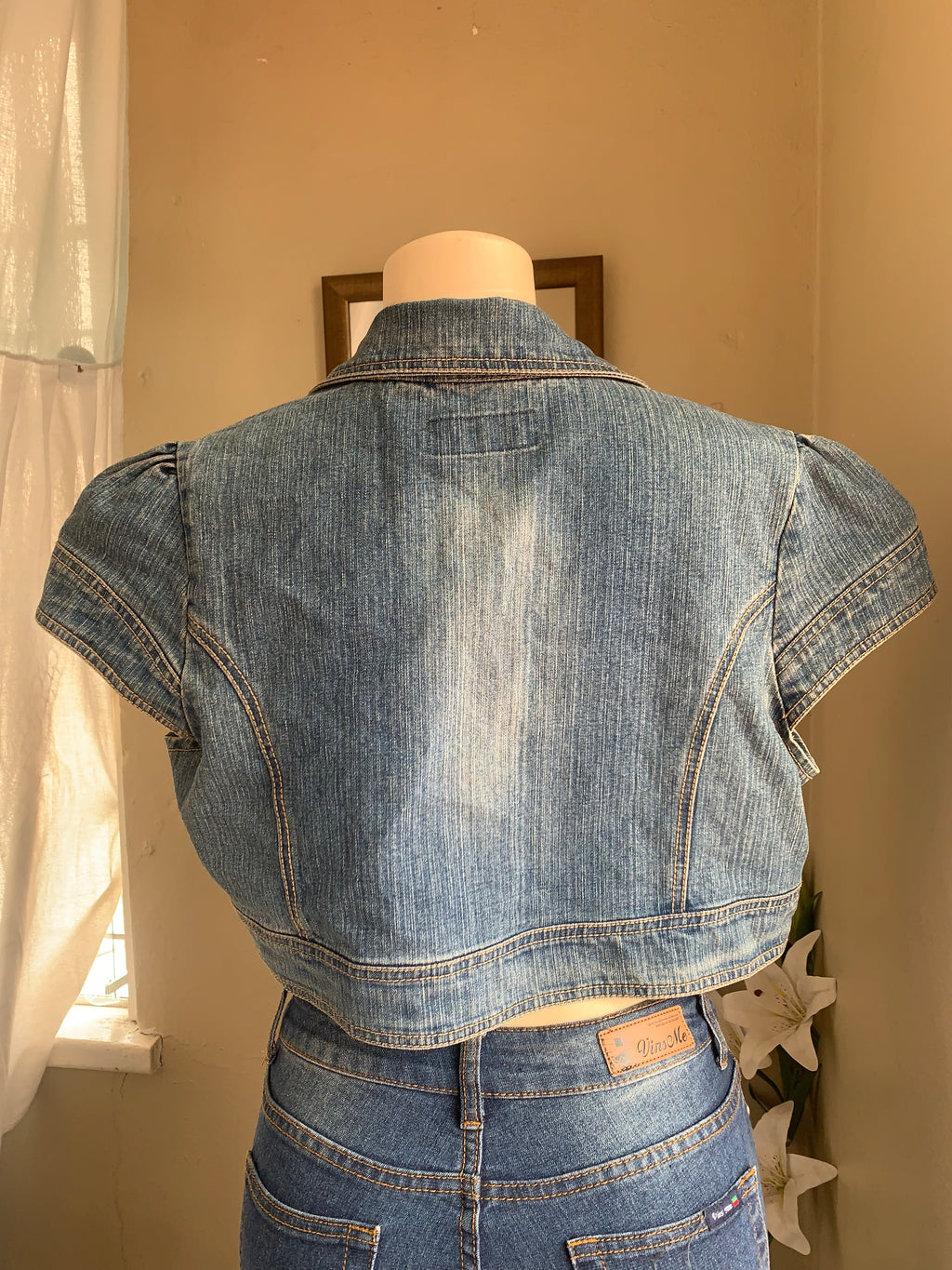 Denim short sleeve topper piece with beading details 2x >>>