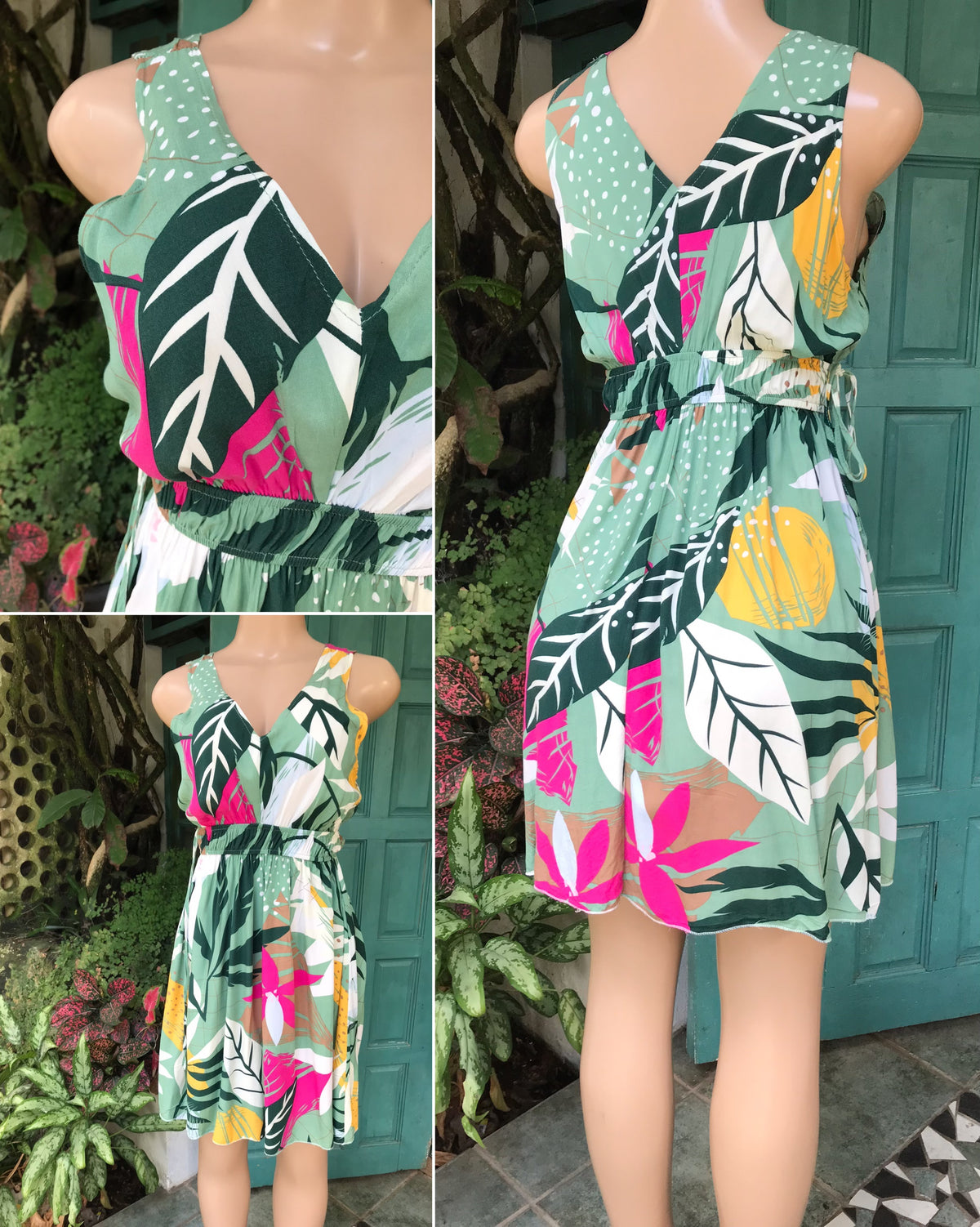 organic green leaf tropical print sleeveless dress ,,, s/m