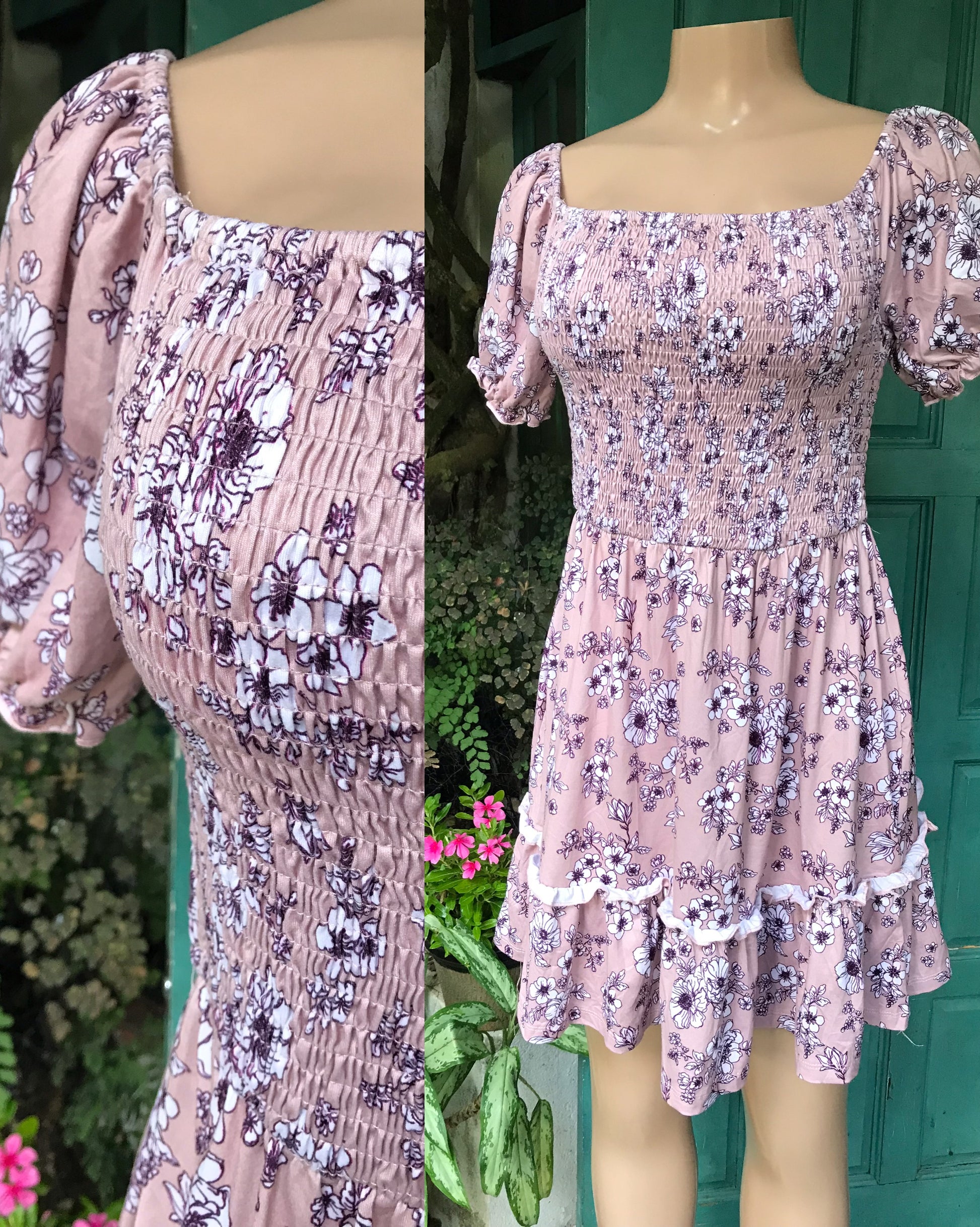 Floral shirred dress off the shoulder  m