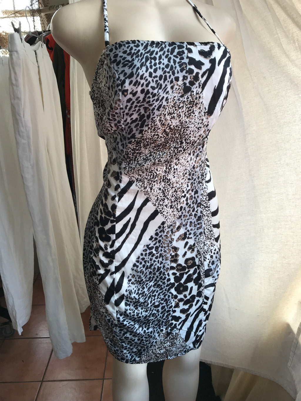 Silky animal print evening dress strappy back . L