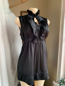 Metallic black button up sleeveless dress with ruffle neckline s