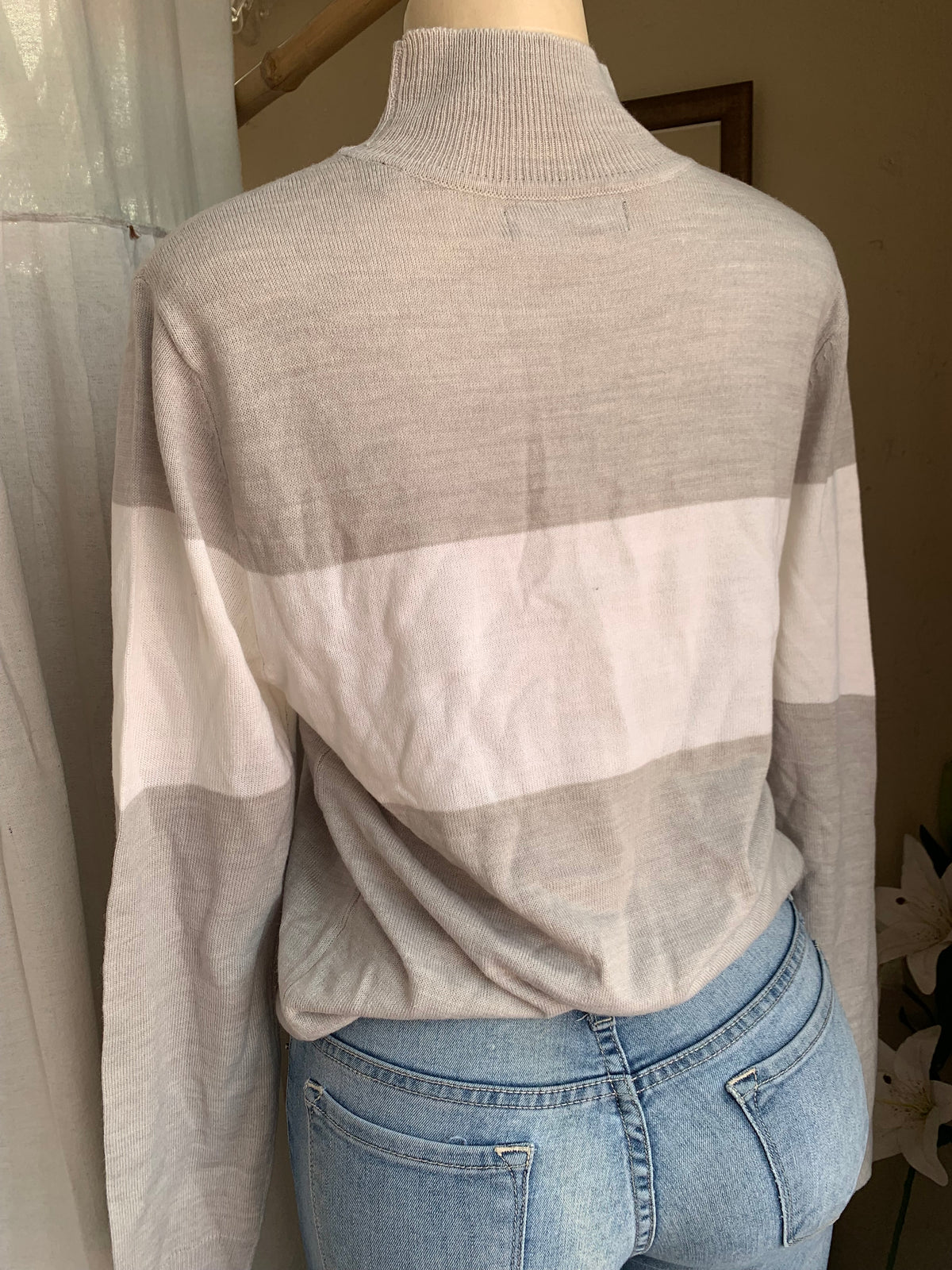 Grey+White stripe knit sweater … fits up to L