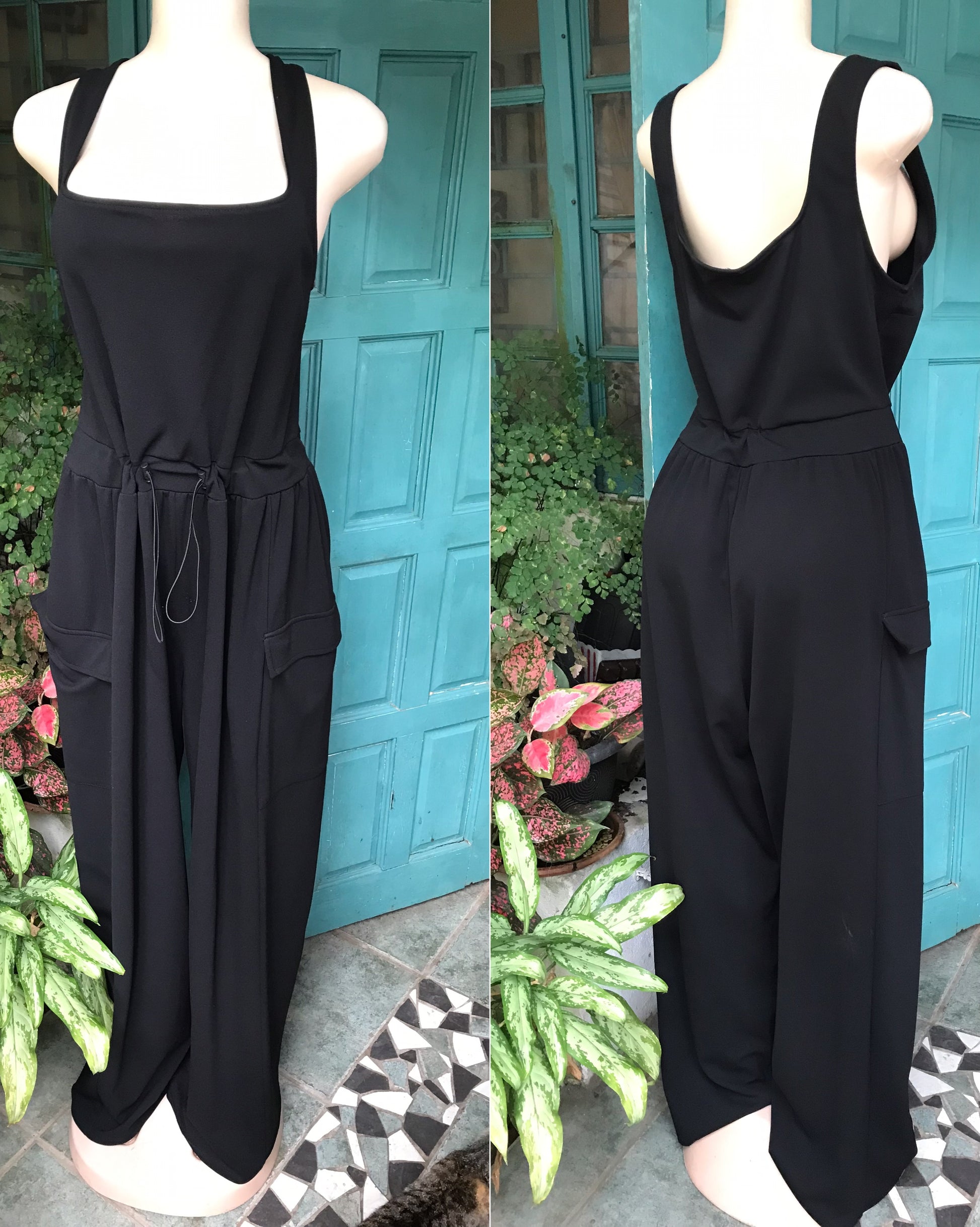 black draw string wide leg jumpsuit XL