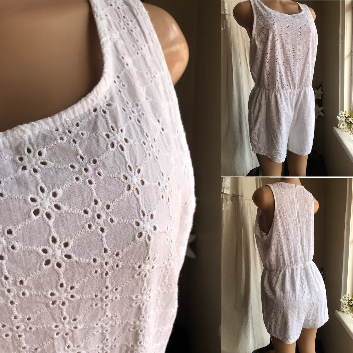 White cotton eyelet romper stretchy waist us14/ /xl