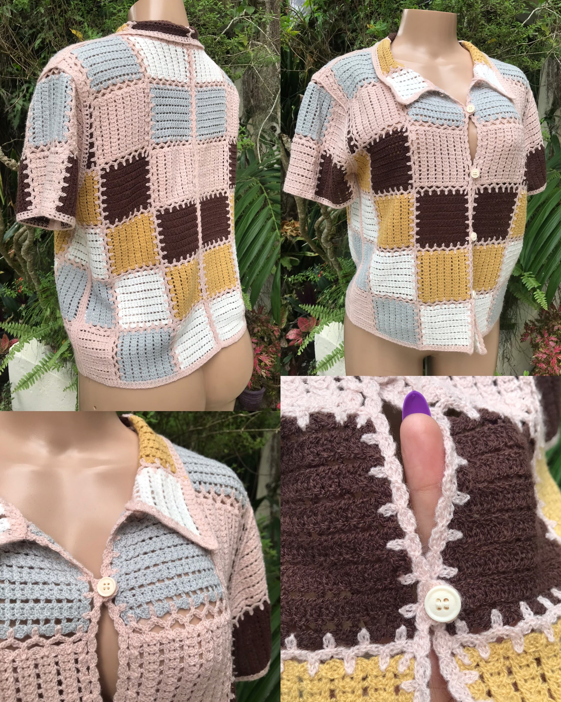 vintage rare patchwork open knit shirt pink grey brown ... M/L ^^^
