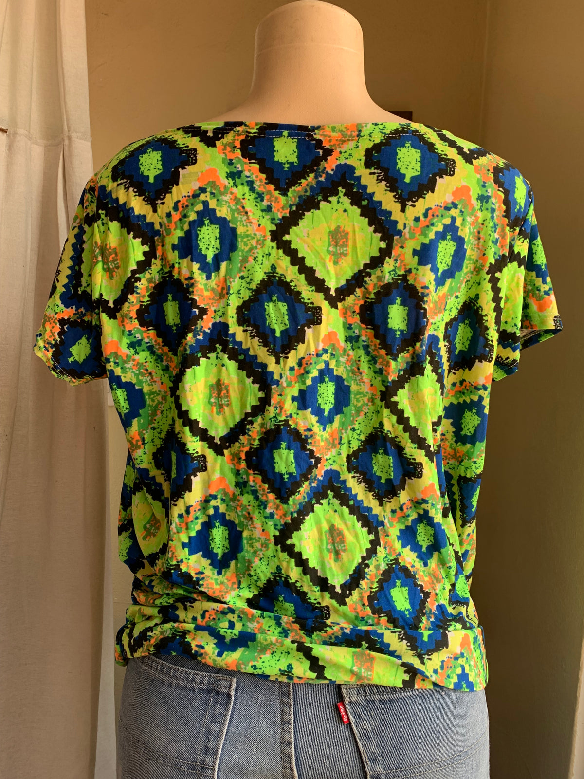 retro green blue print blouse work/play …XL with stretch