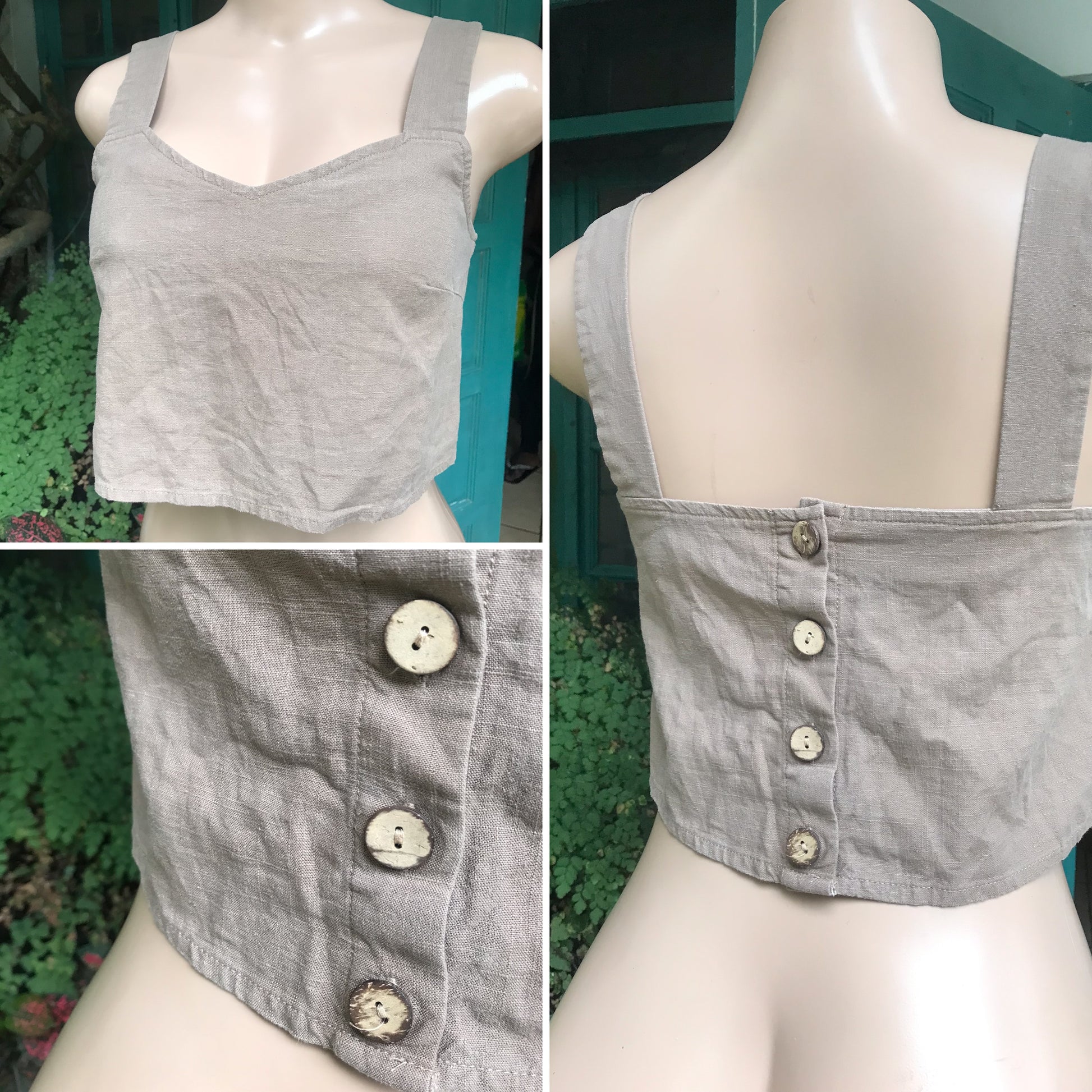 semi organic earth tone crop top coco shell button xs/s