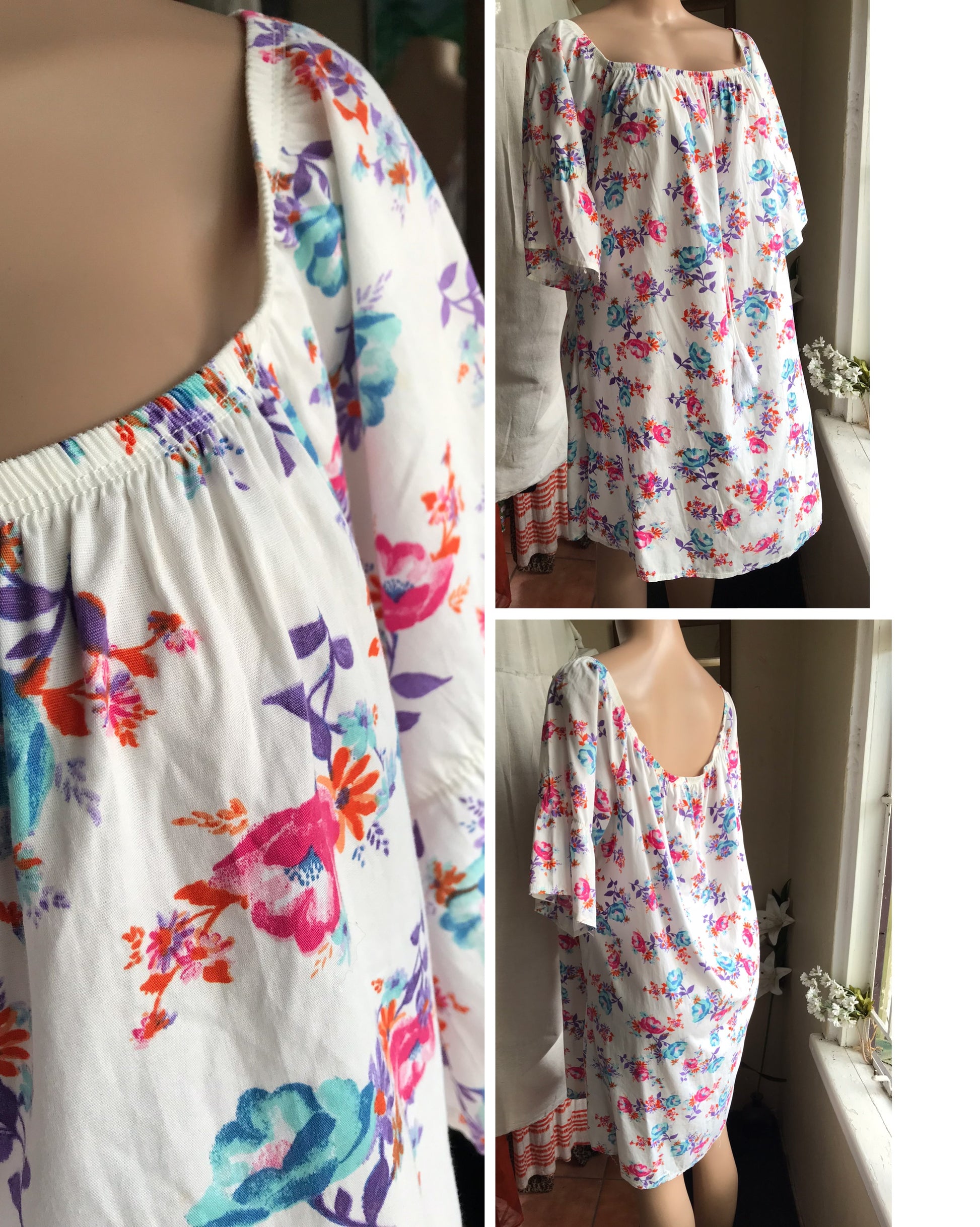 white vintage 100% cotton floral off the shoulder easy dress with tassel ,,, plus /xl