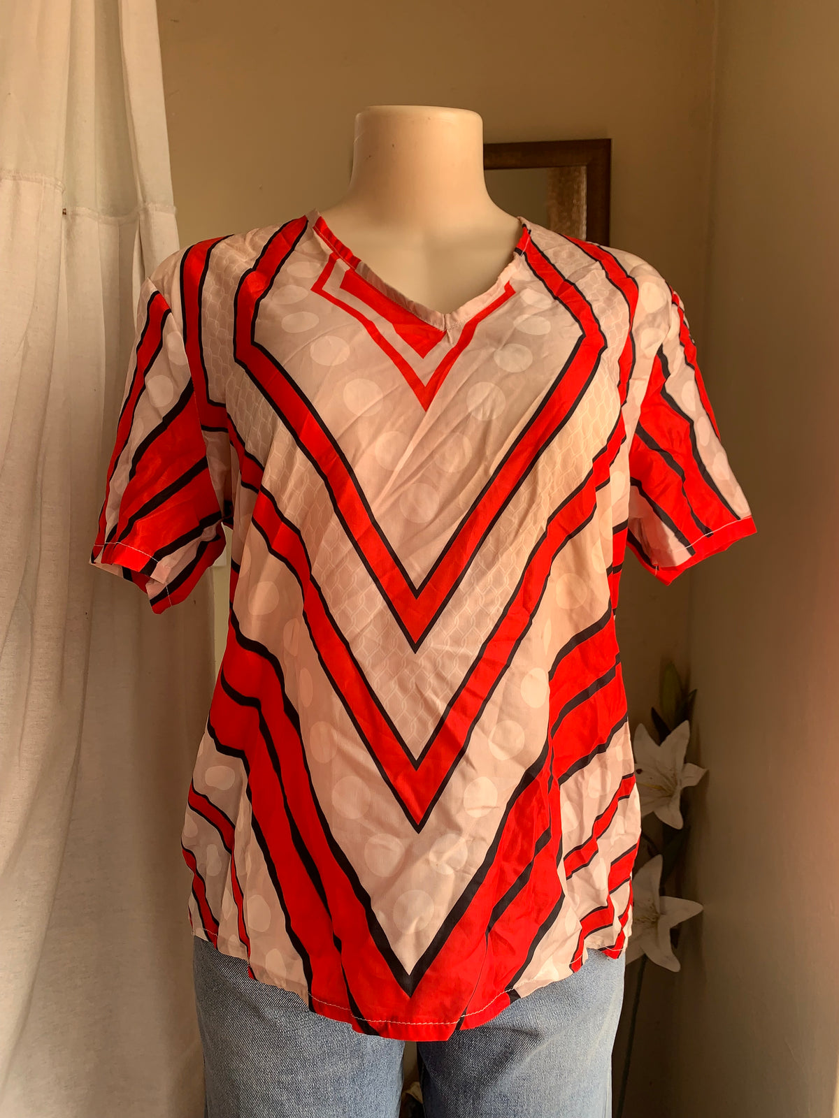 red geo print retro blouse … M