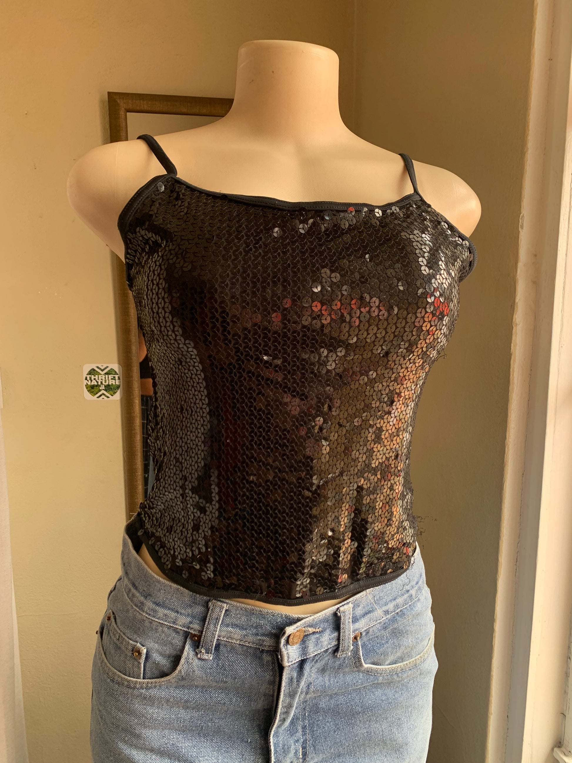 black sequin spaghetti top … M