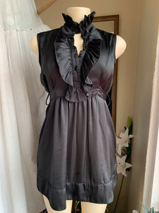 Metallic black button up sleeveless dress with ruffle neckline s