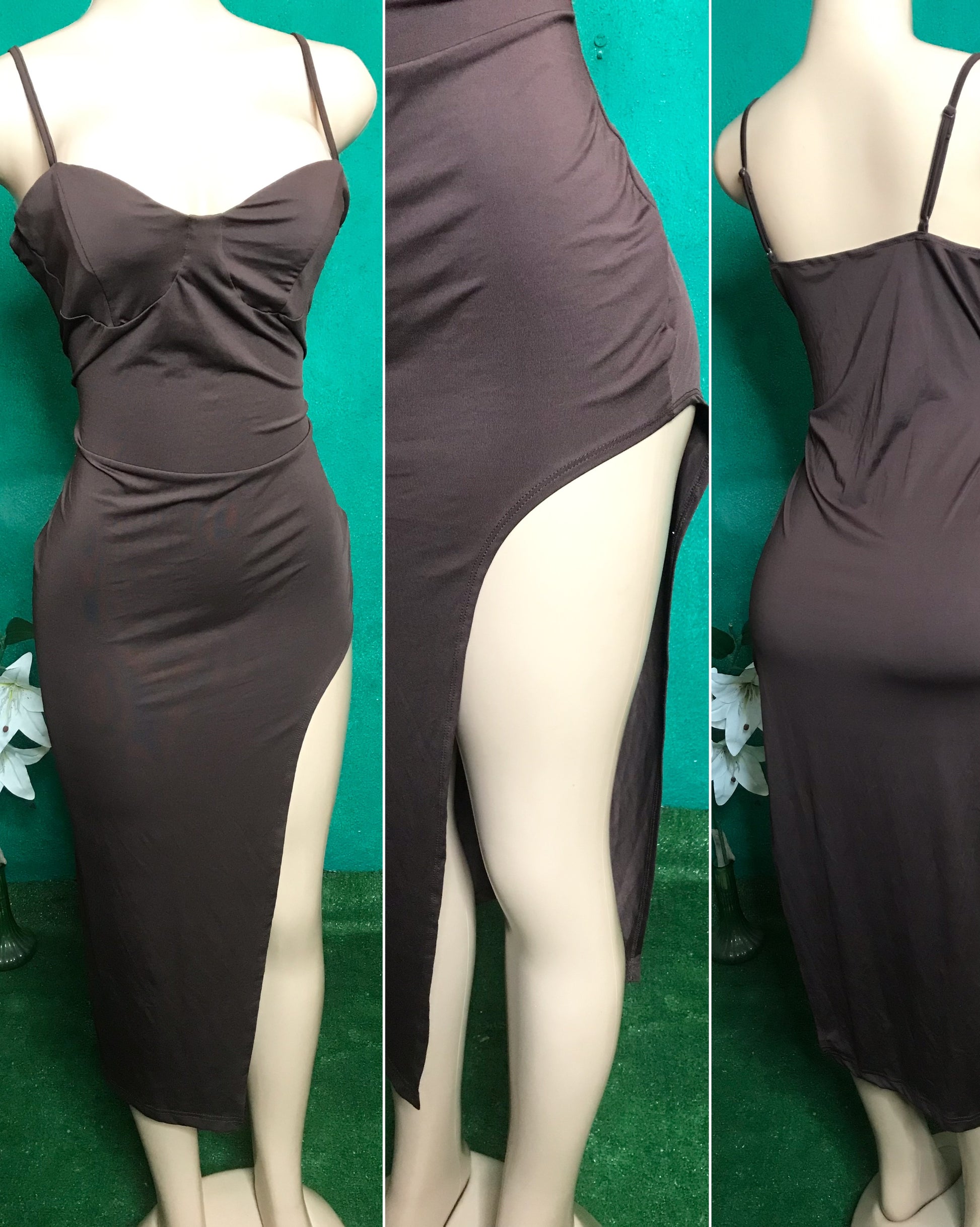 Brown spaghetti slip dress high slit plus/  XL
