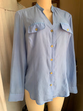 Load image into Gallery viewer, Baby blue button down shirt with gold buttons … M ,,,
