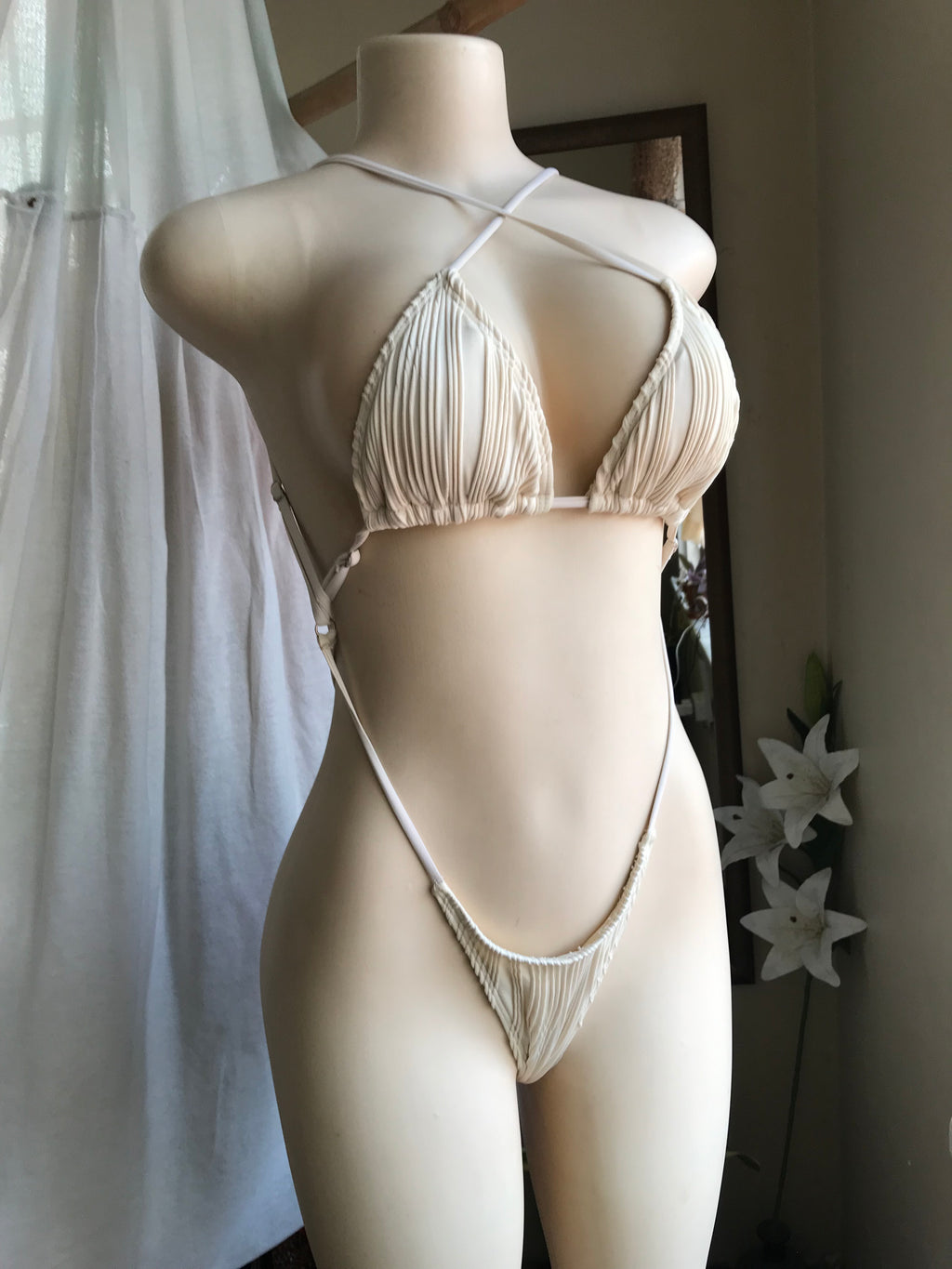Cream ribbed bikini one piece swim Backless s