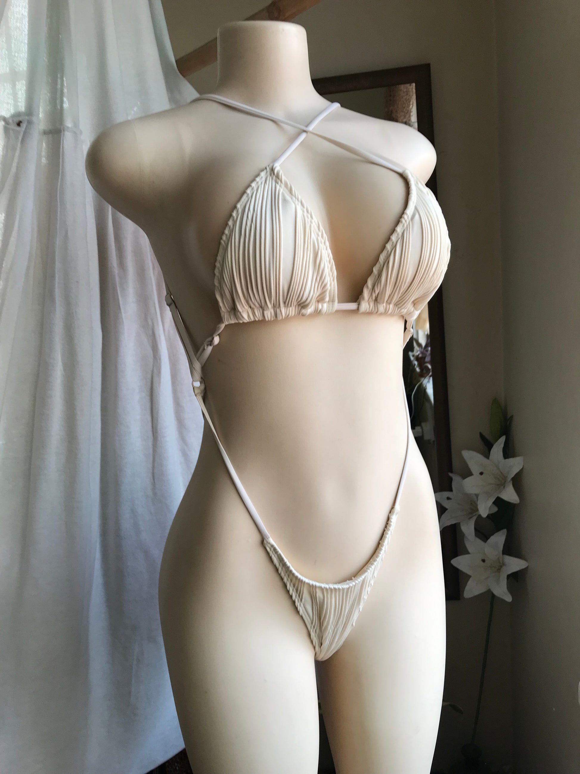 Cream ribbed bikini one piece swim Backless s