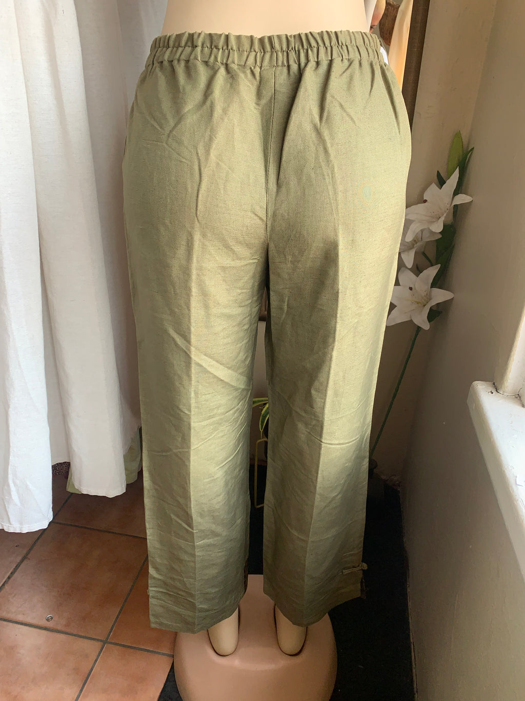 Cotton olive green straight leg pants oriental detail ankles ::: L,,,