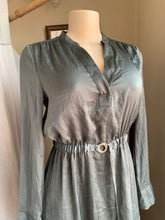 Load image into Gallery viewer, Olive metallic green shirt dress says Xs/
