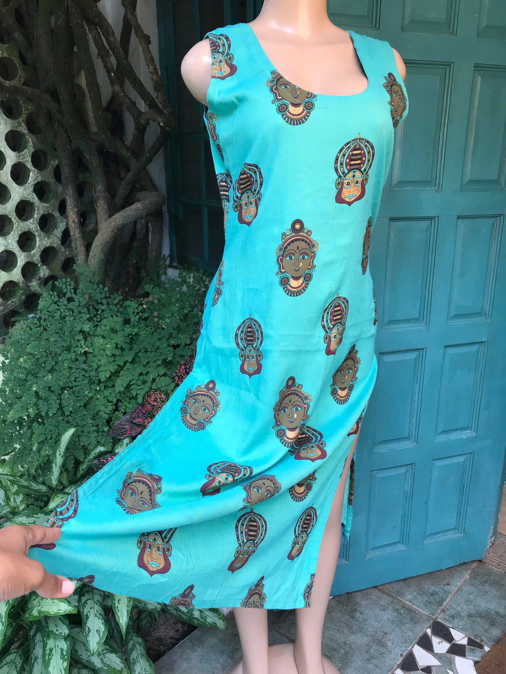 Teal Organic Vintage Tribal Faces Midi Dress Gold Detail Slit  M ,,,