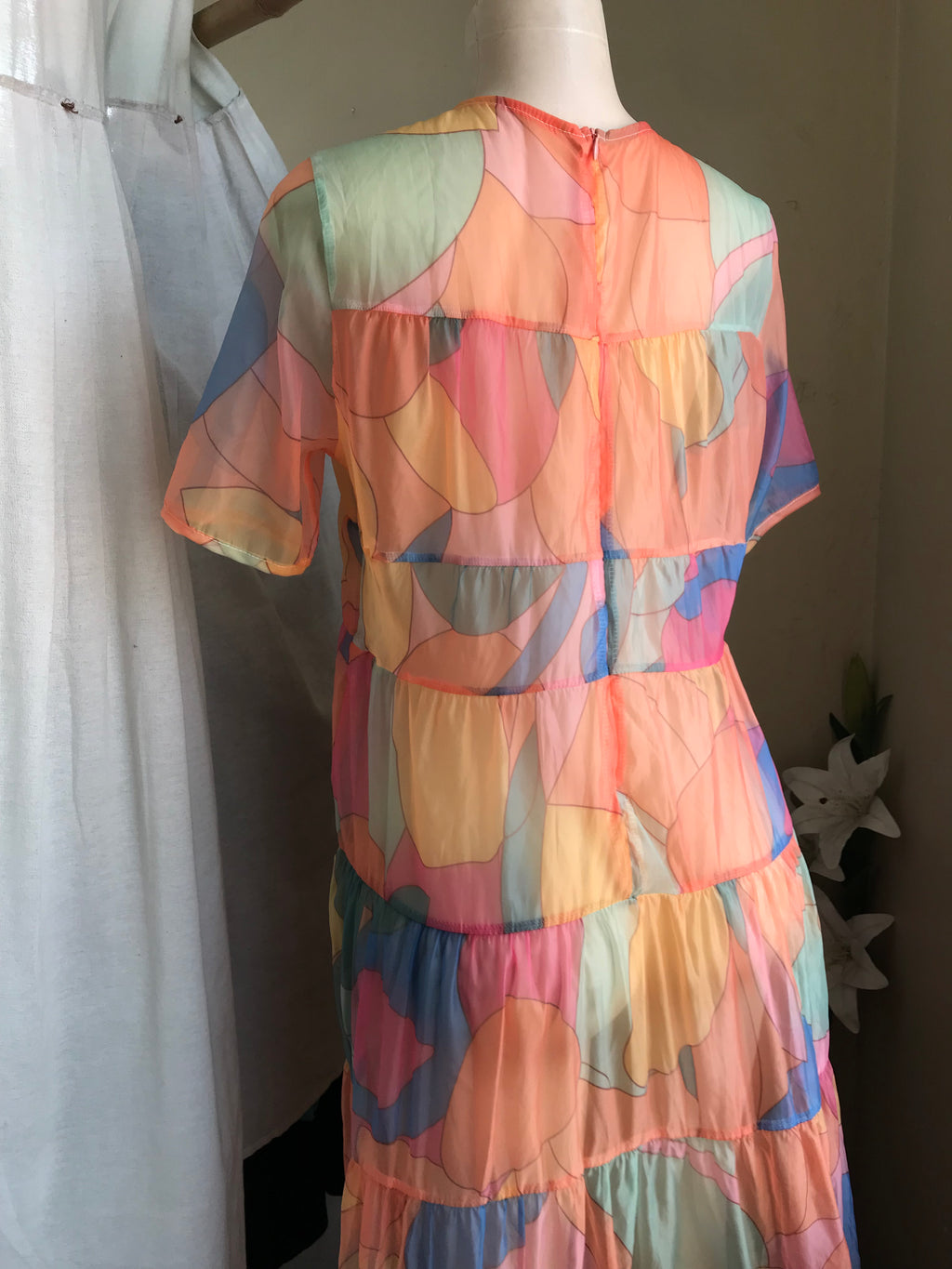 vintage block pastel maxi ruffle dress / cover up ^^^ L /xl
