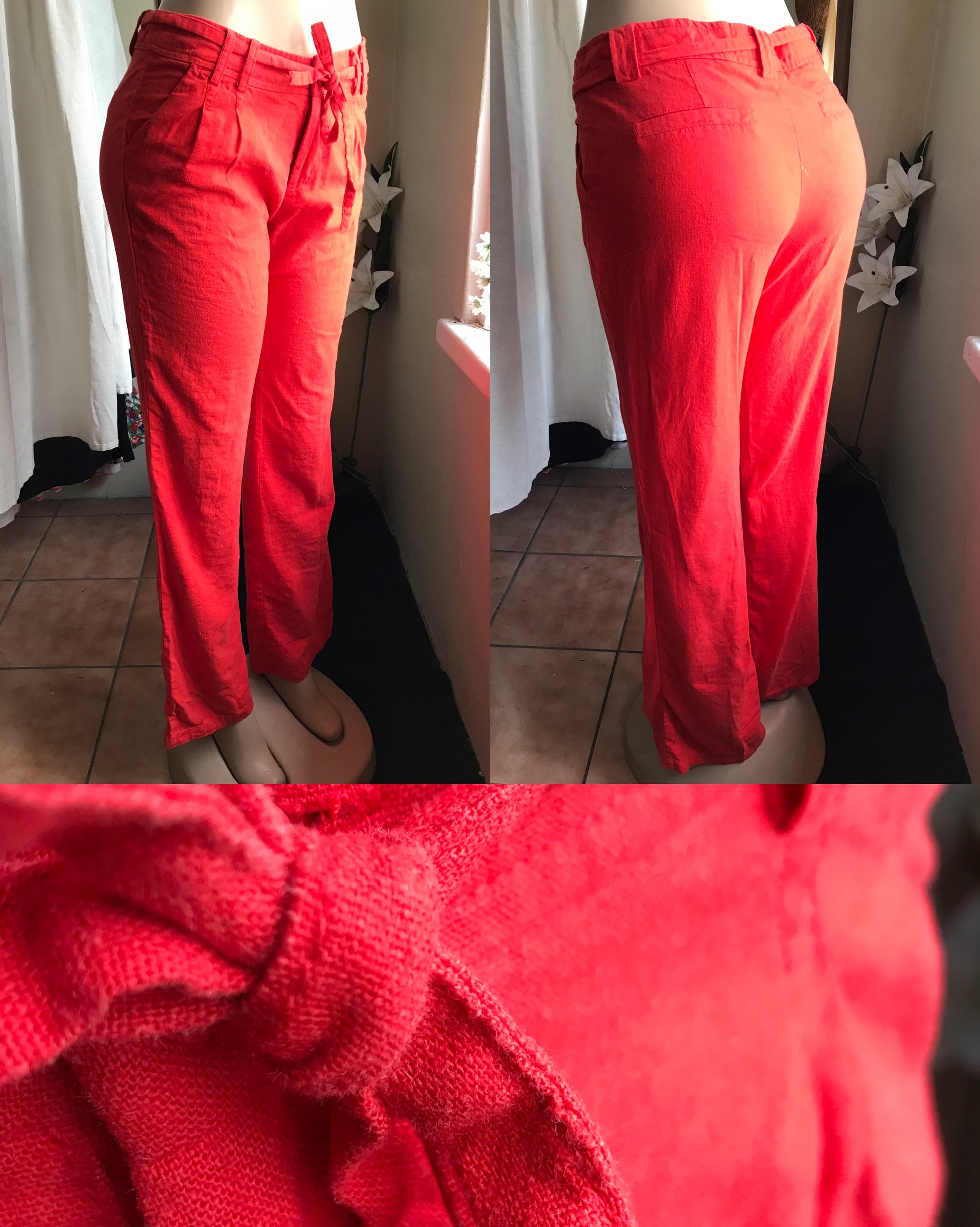 red linen blend loose pants tied ::: L ,,,